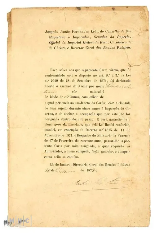 imagem: Carta de alforria de Sebastião Antonio